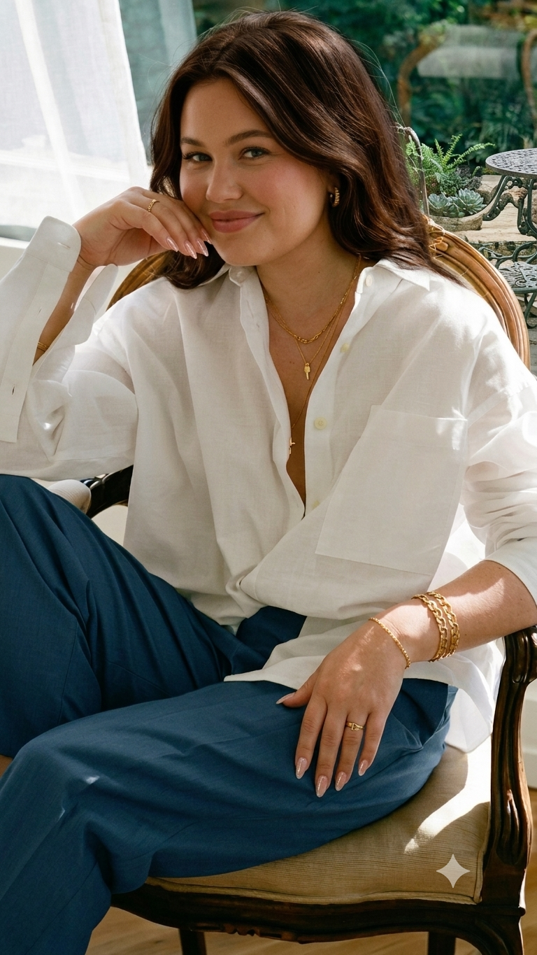 A woman in a relaxed white linen shirt and gold jewellery, seated in warm natural light