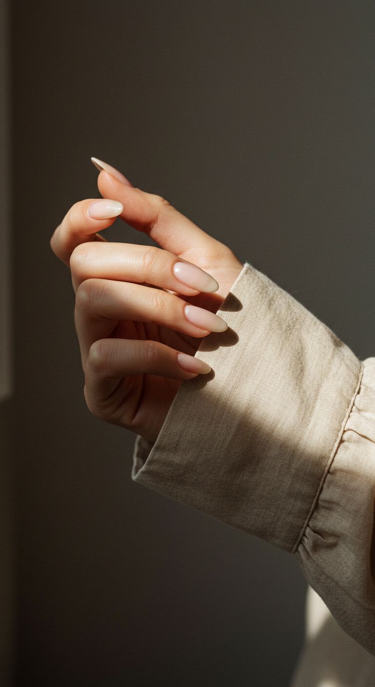 A hand with soft neutral hand-painted nails in warm natural light