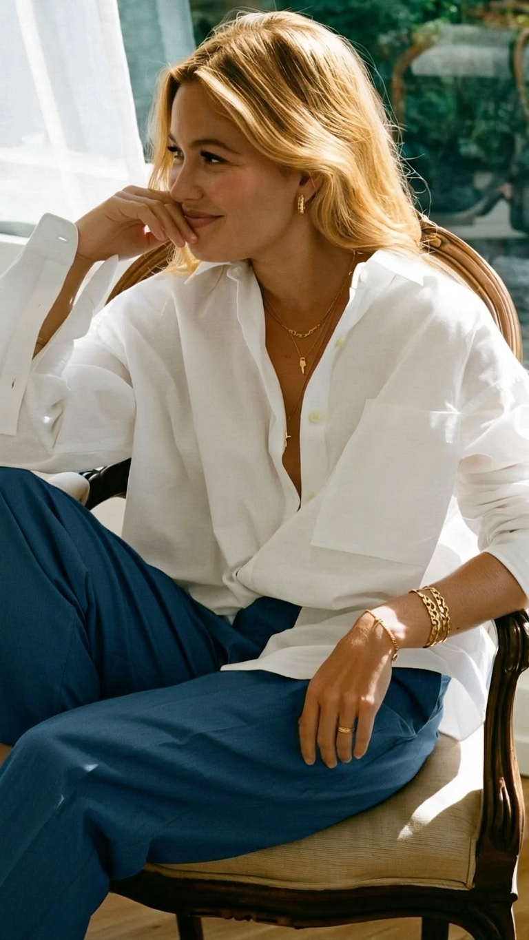 A woman in a soft white linen shirt, resting in warm afternoon light