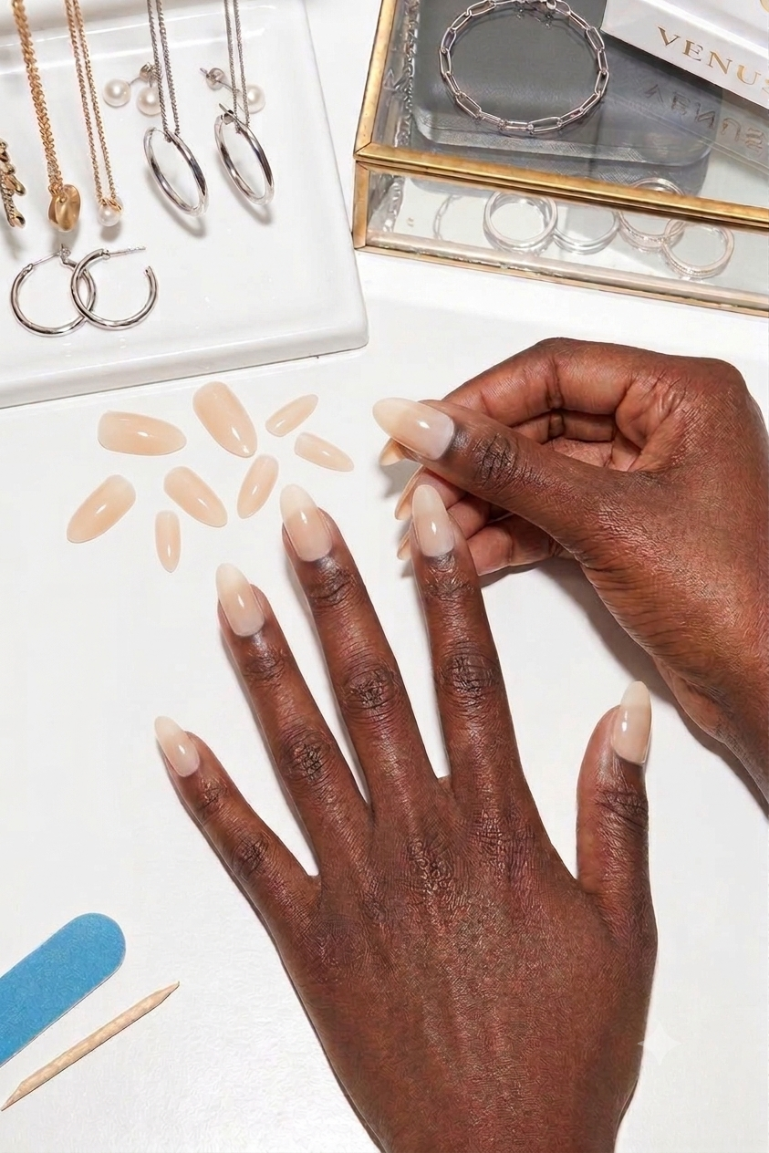 A pair of hands wearing natural nude press-on nails alongside jewellery